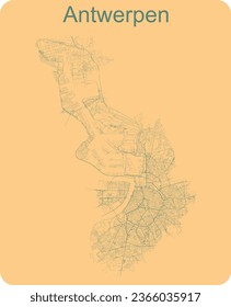 Blue road map of the city of Antwerp on orange background