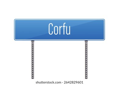 A blue road sign displays the name 'Corfu' in white letters, indicating the direction towards this Greek island destination, set against a clean white background.
