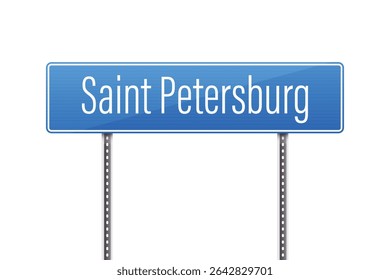 A blue road sign indicating the direction of Saint Petersburg with white lettering. The sign is mounted on a gray metal pole set against a clean white backdrop.