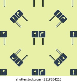 Blue Road traffic sign. Signpost icon isolated seamless pattern on yellow background. Pointer symbol. Isolated street information sign. Direction sign.  Vector