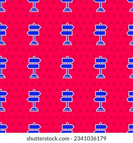 Blue Road traffic sign. Signpost icon isolated seamless pattern on red background. Pointer symbol. Isolated street information sign. Direction sign.  Vector Illustration