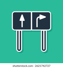 Blue Road traffic sign. Signpost icon isolated on green background. Pointer symbol. Isolated street information sign. Direction sign.  Vector