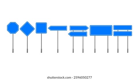 Blue road traffic signs of difference shape. Blank street signboards set. Set green road signs isolated on a white background. Vector illustration