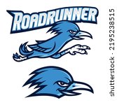 Blue roadrunner bird cartoon character mascot with text vector 