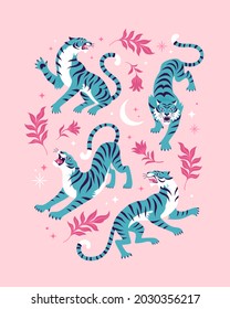 Blue Roaring Tigers collection. Vector illustration of four cartoon tigers in different actions, surrounded by pink leaves and flowers. Isolated on light pink background