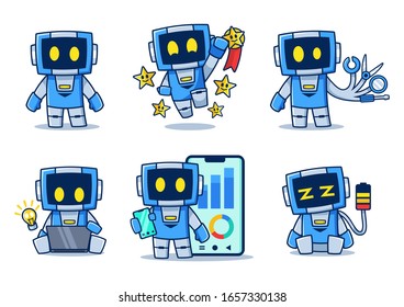 Blue Robot cartoon character in different poses