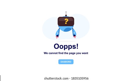 robot azul confundido con la ilustración vectorial de página de error de texto de ops para diseño web, página de error, no conexión, web de mantenimiento, etc.