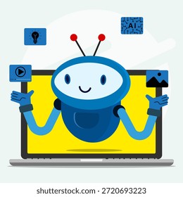 Robot azul que emerge de la computadora portátil con iconos flotantes. Adecuado para la tecnología, la innovación y los diseños de conceptos digitales. Ideal para presentaciones de tecnología.