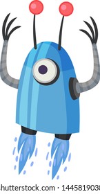 Blue robot flying on two flames. Vector illustration on white background.