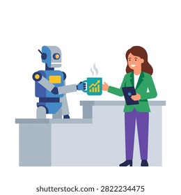 A blue robot hands a steaming coffee mug featuring a financial growth chart to a smiling businesswoman holding a tablet in a modern office setting.