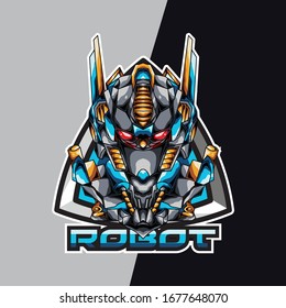 Blue robot head e sport logo and mascot game