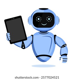 blue robot holding a black tablet, smiling on a white background. Concept of technology, robotics, and digital devices