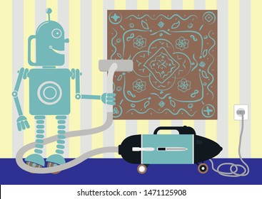 Blue robot humanoid is working in home by vacuum cleaner. Unmanned cleaning.  RPA. Retro flat style. Vector.  