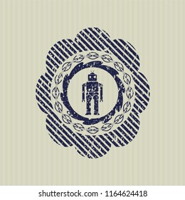 Blue robot icon inside distress rubber stamp