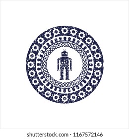 Blue robot icon inside distress rubber grunge texture seal