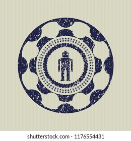 Blue robot icon inside distress rubber grunge stamp