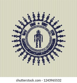Blue robot icon inside distress rubber stamp with grunge texture