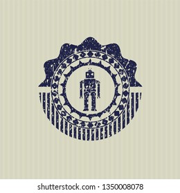 Blue robot icon inside distress rubber stamp with grunge texture