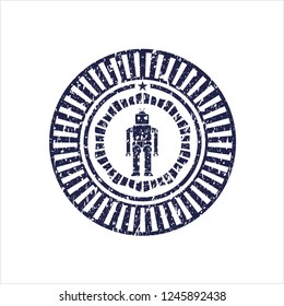 Blue robot icon inside distressed rubber grunge seal