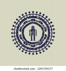 Blue robot icon inside grunge stamp