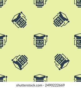 Blue Robot icon isolated seamless pattern on yellow background. Artificial intelligence, machine learning, cloud computing.  Vector