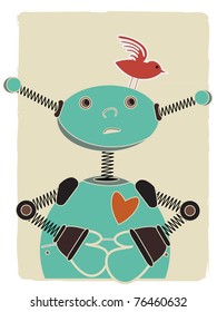 Blue robot looks up at red bird perched on his head
