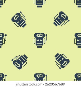 Blue Robot low battery charge icon isolated seamless pattern on yellow background. Artificial intelligence, machine learning, cloud computing.  Vector