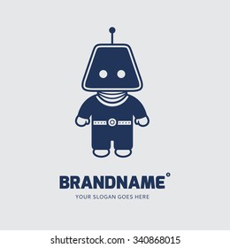Blue robot on gray background. Logo design vector template. Space robot symbol concept icon.