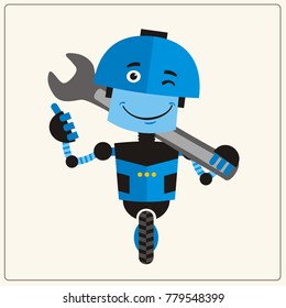 Blue robot on wheel with the large wrench on her shoulder in cartoon style shows "like".