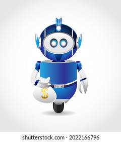 blue robot with one tire and claw holding money bag