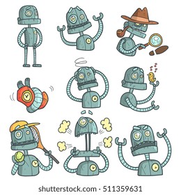 Blue Robot Set Of Cartoon Outlines Portraits