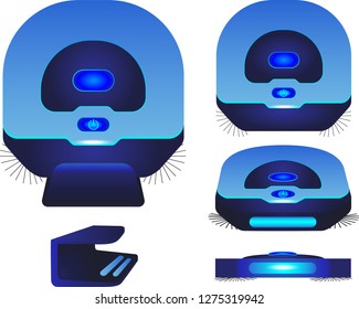 Blue robotic vacuum cleaner in different angles. Robot vacuum cleaner is charging. Base - charging for the robot vacuum cleaner. Hoover
