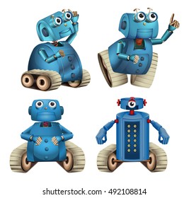 Blue robots doing different things illustration