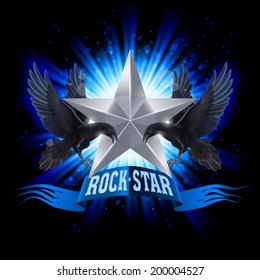 Blue Rock Star banner with two ravens over shining background