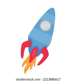 Blue rocket with a fiery tail on a white background. Solar system on a white background. Vector illustration in cartoon style for children. Icon of the planet