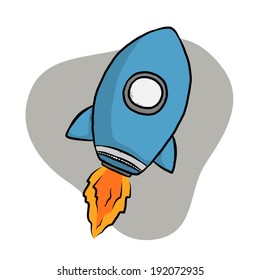blue rocket with fire / cartoon vector and illustration, hand drawn style, isolated on white background.