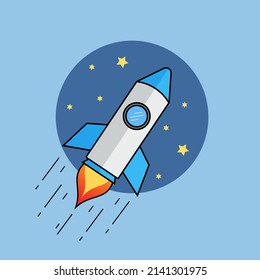 Blue rocket flat illustration design with yellow star and blue background for cover book, icon, logo, poster, and pamflet