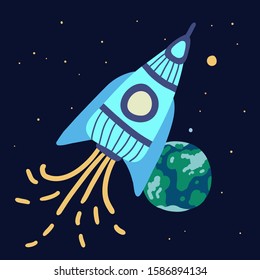 Blue rocket flies through space. A pillar of fire emanates from her. In the background is our planet Earth. Around bright stars are shining, you can see even the big dipper. Sketchy stars, planets
