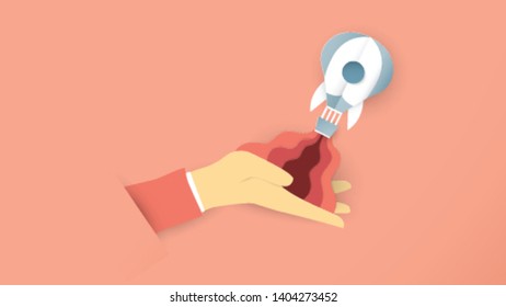 Blue rocket fly out from the leader hand. Vector illustration is in concept of startup business. Fine art in fantasy style.