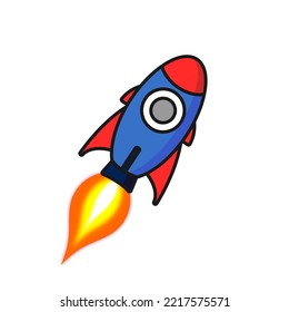 Blue rocket flying towards outer space