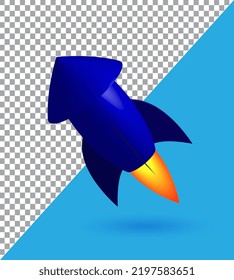 cohete azul, con fuego de gas, icono de ilustración vectorial 3d