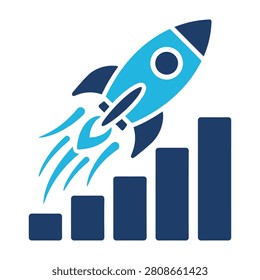 A blue rocket icon launching upwards over a growing bar chart, symbolizing business growth, startup success, and rapid progress.