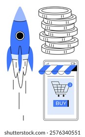 A blue rocket launching beside a stack of coins and a mobile phone displaying an online shopping cart with a buy button. Ideal for e-commerce, online shopping, financial growth, digital economy