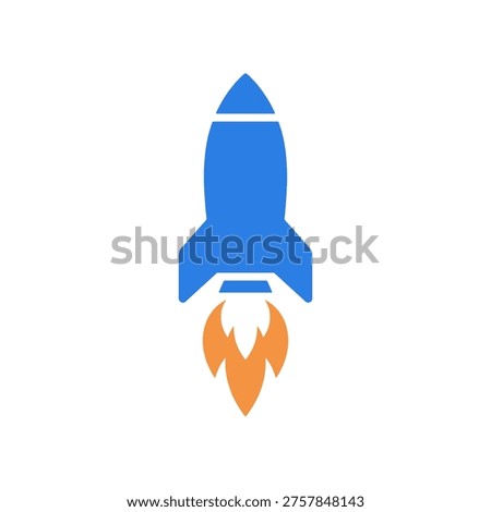 blue rocket launching with orange flames representing startup launch business growth innovation speed ambition and entrepreneurial drive used in tech startup and product launch designs