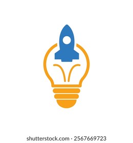 Blue rocket launching from orange lightbulb. Creative concept suitable for science or innovationthemed designs, educational materials, or technology presentations.