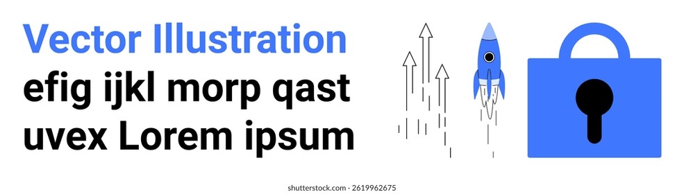 Blue rocket launching upward with trailing arrows and a large blue lock beside black and blue text lines. Ideal for technology, security, innovation, startups, communication, digital marketing
