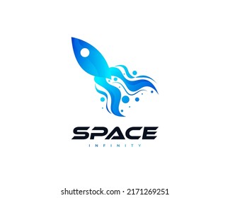 Design des Blue Rocket Logo. Moderne Vektorgrafik des Weltraums