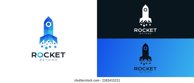 Blue Rocket Logo Design. Modern Spaceship Vector Illustration with Bubble Smokes