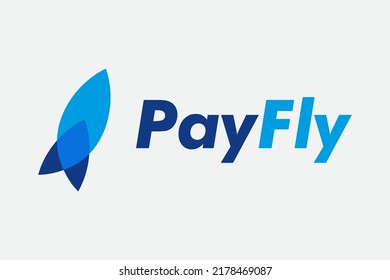 Icono del logotipo del cohete azul aislado en fondo gris sobre el servicio de pago rápido en línea para logotipos empresariales y tecnológicos. Elemento de concepto de diseño de plantilla de logotipo de vectores planos
