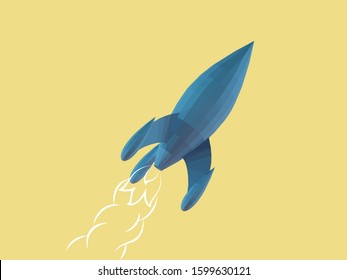 Blue Rocket on Yellow Background. Low Poly Vector 3D Rendering